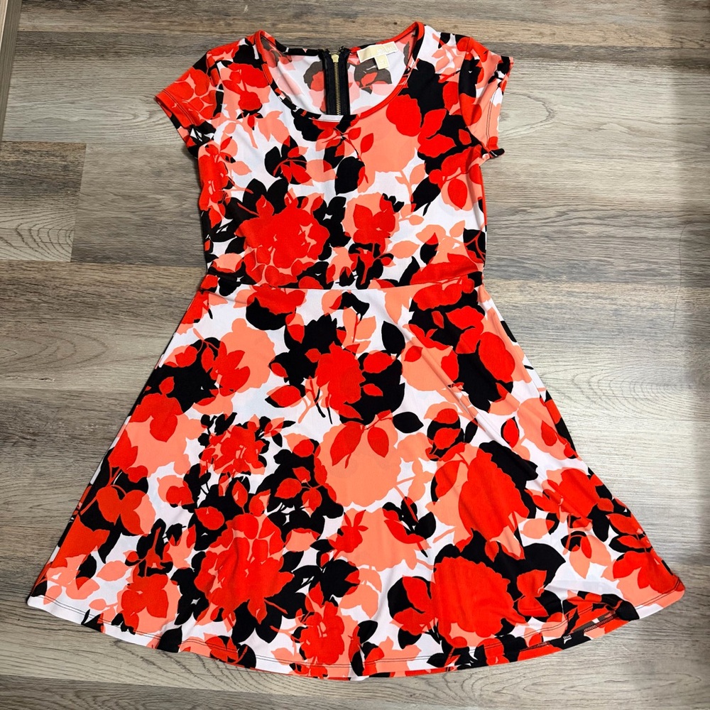 Michael Kors Red, Black & White Floral Fit-and-Flare Mini Dress